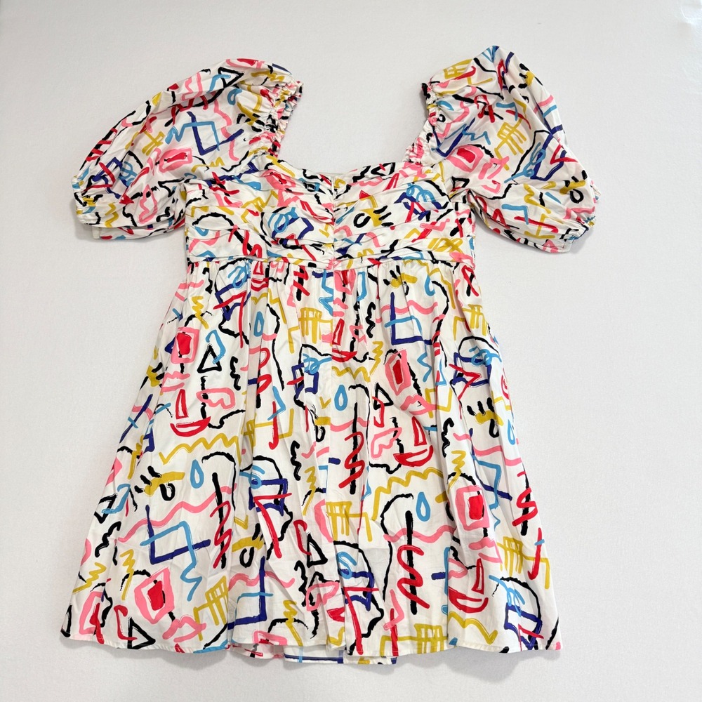 Crosby by Mollie Burch Mini Dress Small White Abstract Art Puff Sleeve Medium
